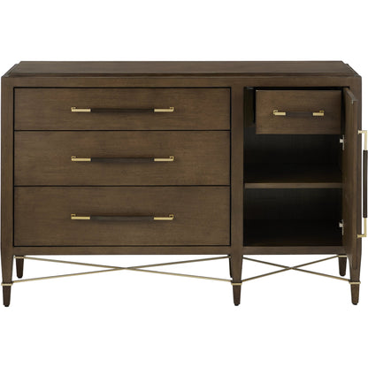 Verona Three-Drawer Chest by Currey and Company in lacquered black linen, champagne. Made from black linen, mahogany, brass, iron in a traditional style.