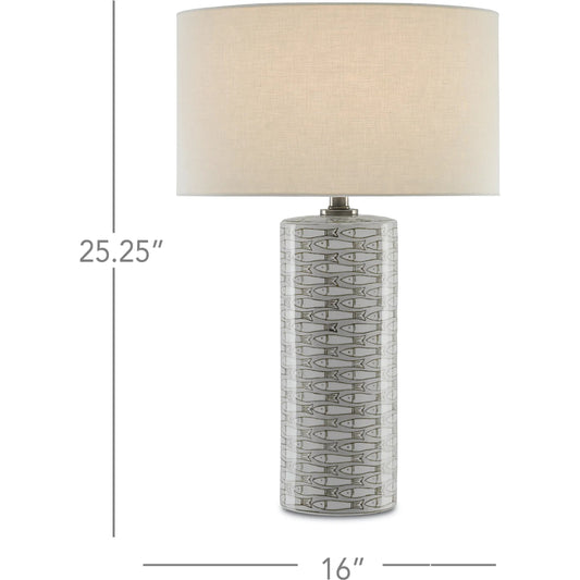Fisch Table Lamp by Currey and Company in gray, white, antique nickel. Made from porcelain in a coastal style.