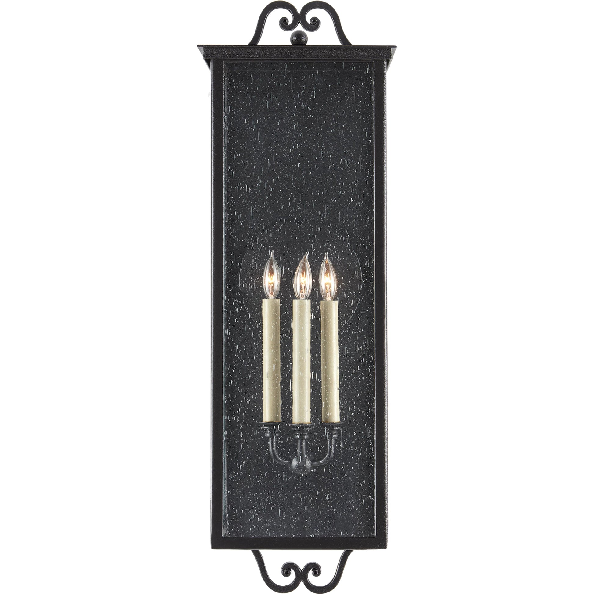 Giatti Outdoor Wall Sconce by Currey and Company in midnight (pure black). Made from wrought iron, glass in a traditional style.