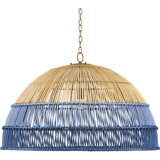 Senjyo Pendant by Currey and Company in khaki, cornflower blue, bluebonnet. Made from wrought iron, rattan in a coastal style.