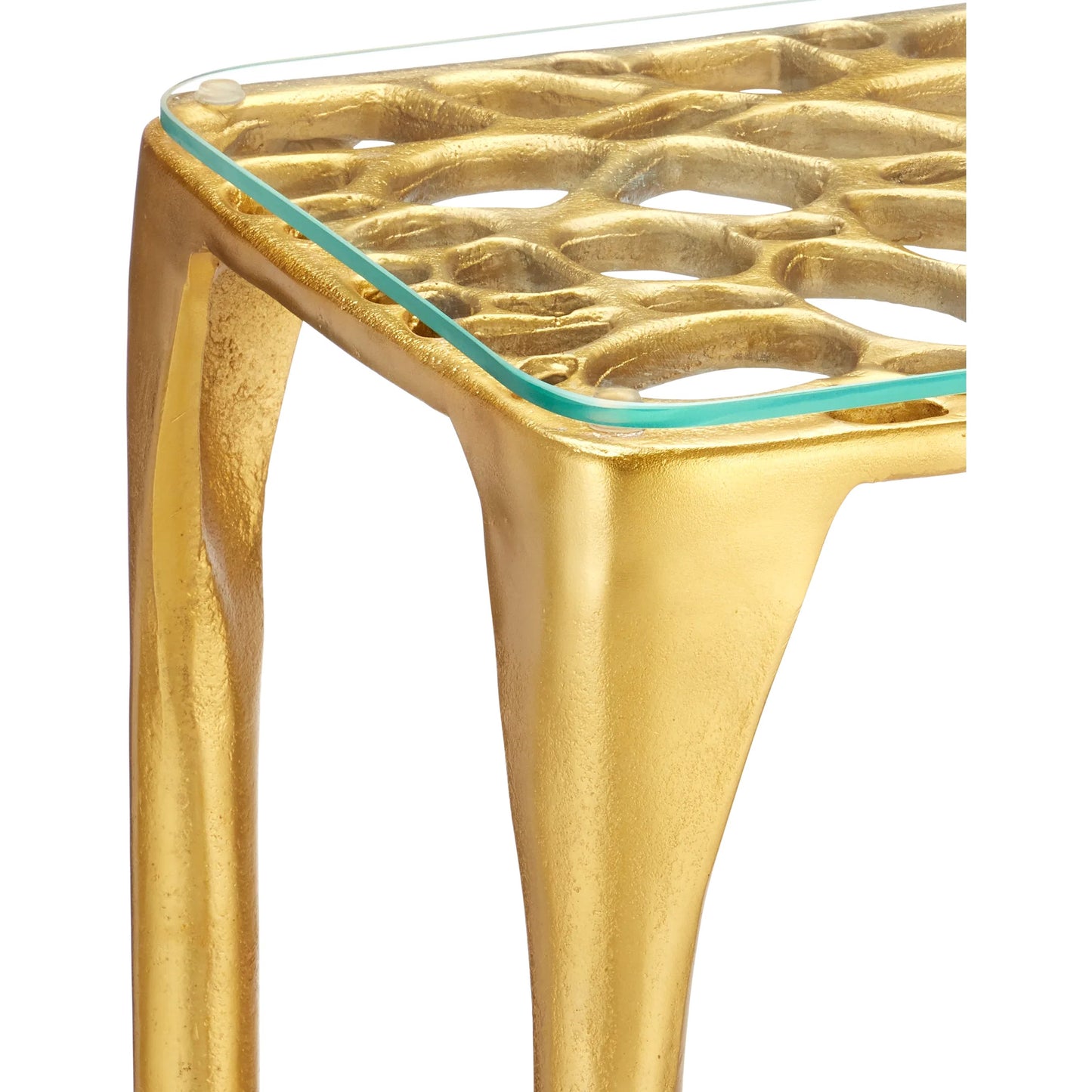 005 SI-2387052 | Closeup | Honeycomb Console Table by Currey and Company in gold, clear. Made from cast aluminum, glass in a modern style.