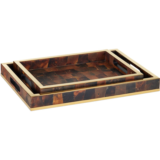 Casey Brown Tray Set by Currey and Company in natural, brass. Made from pen shell, stainless steel, wood in a unique style.