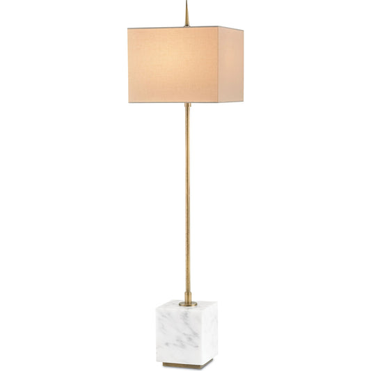 Thompson Console Lamp by Currey and Company in brass, white. Made from metal, marble in a modern style.