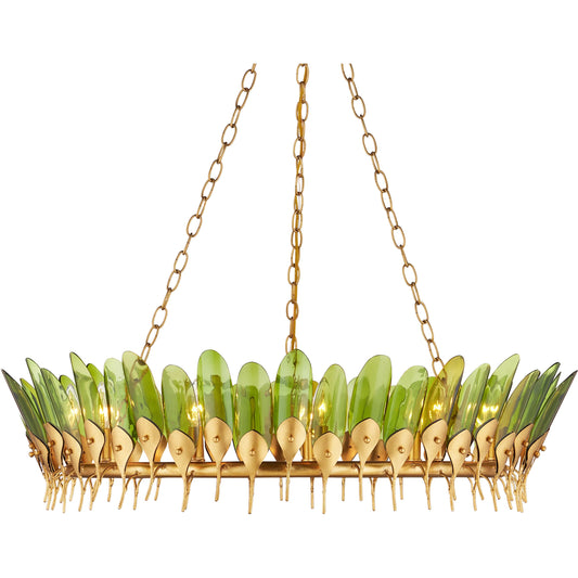 Selavy Chandelier by Currey and Company in green, contemporary gold leaf. Made from recycled bottle glass, wrought iron in a modern style.