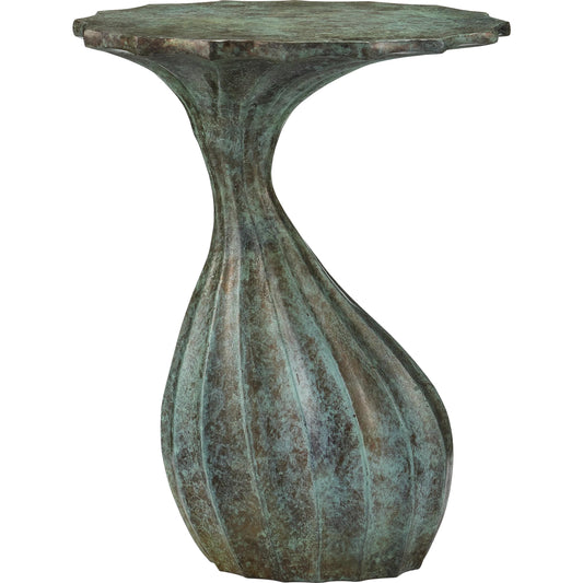 Tunis Accent Table by Currey and Company in verdigris. Made from cast aluminum in a unique style.