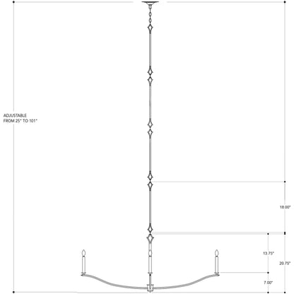 Knole Chandelier by Currey and Company in french black. Made from wrought iron in a rustic style.