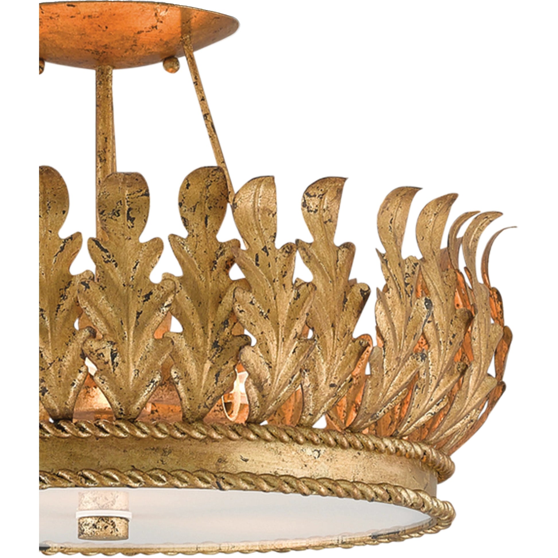 Biddulph Semi-Flush Mount by Currey and Company in gold leaf, white. Made from wrought iron, acrylic in a traditional style.