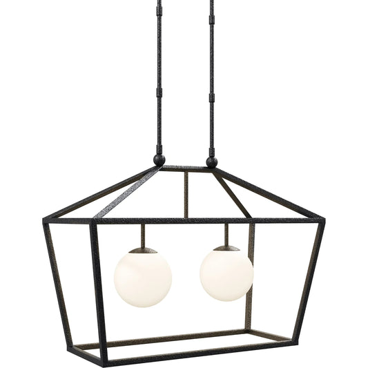 Denison Outdoor Lantern by Currey and Company in black, frosted white. Made from wrought iron, glass in a unique style.