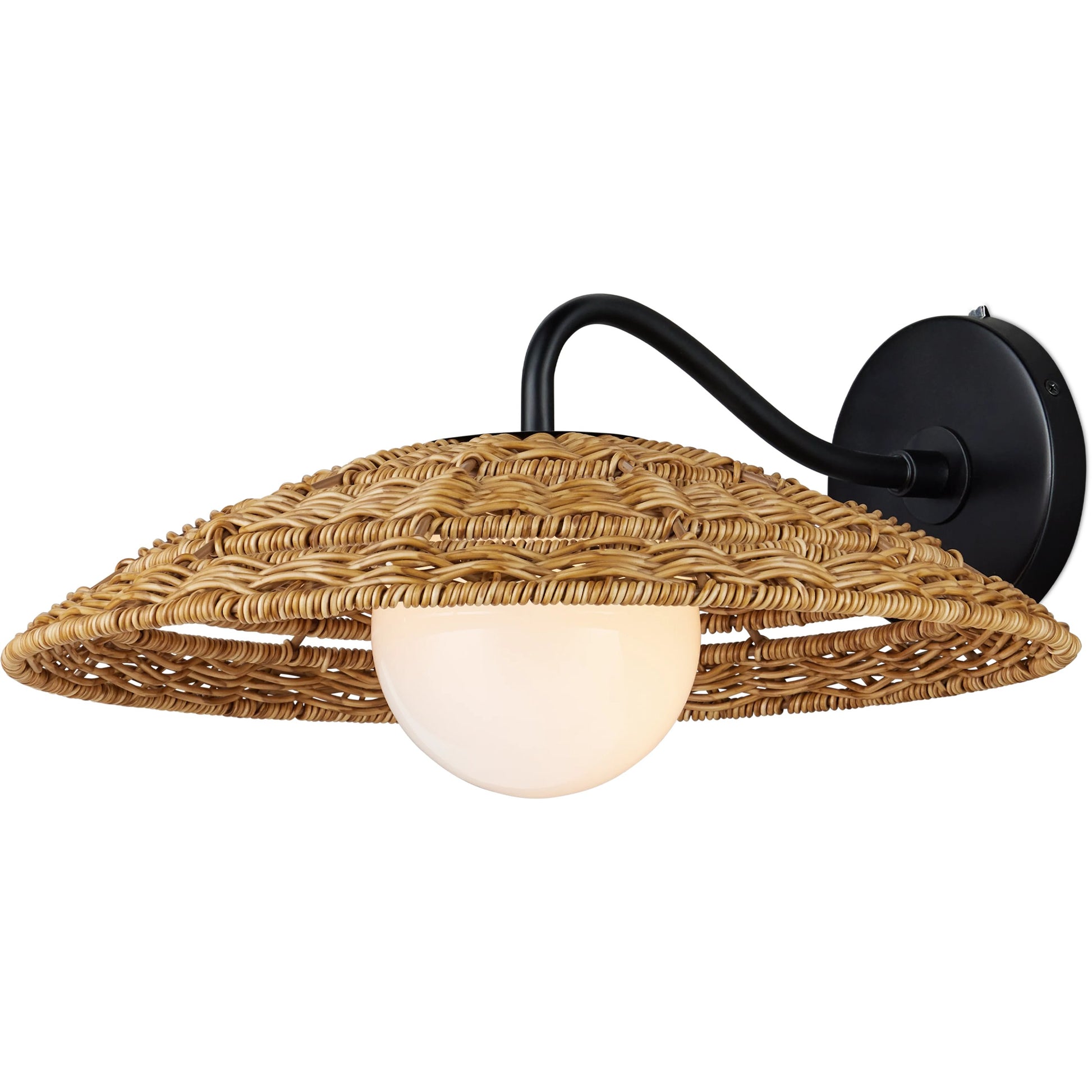 Barbary Outdoor Wall Sconce by Currey and Company in natural, black, frosted white. Made from all-weather wicker, metal, glass in a rustic style.