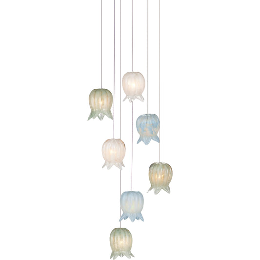 Polpo Misto 7-Light Multi-Drop Pendant by Currey and Company in blue, green, white, silver. Made from art glass, metal in a modern style.