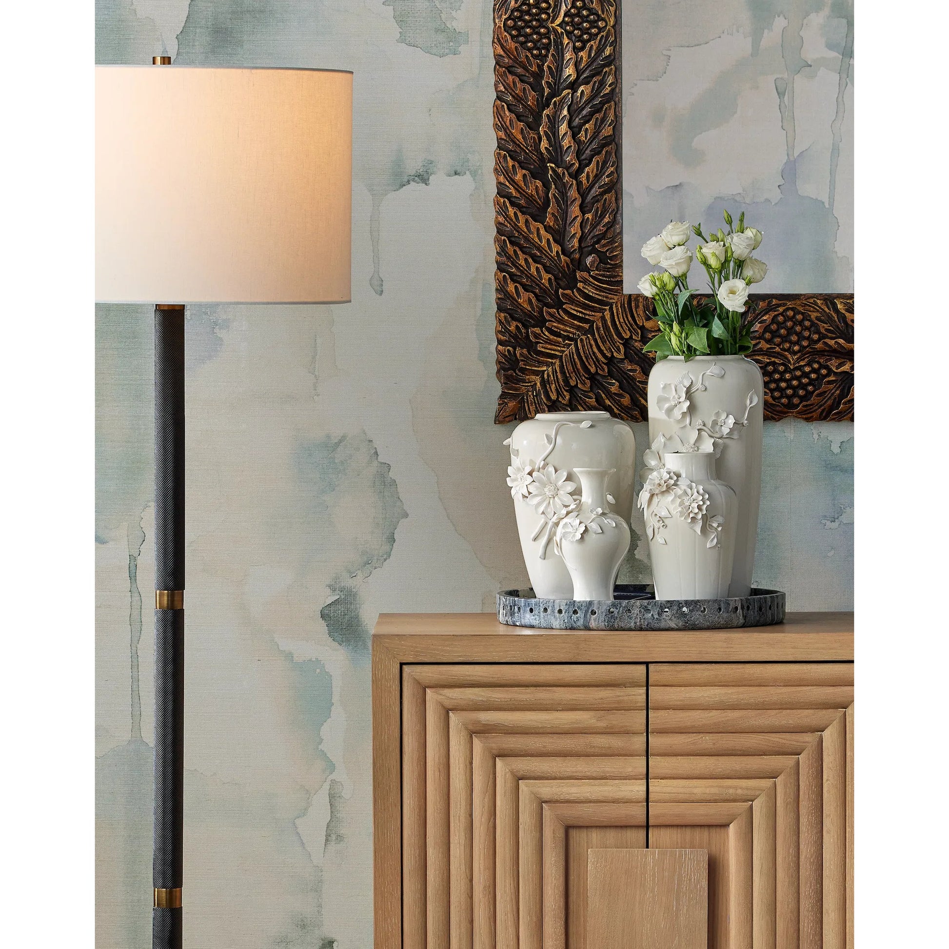 Freya Floral Jade Marble Tray by Currey and Company in natural. Made from floral jade marble in a modern style.