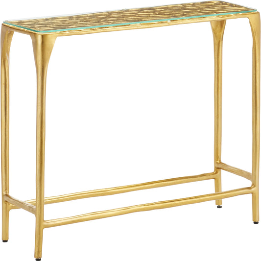 Honeycomb Console Table by Currey and Company in gold, clear. Made from cast aluminum, glass in a unique style.