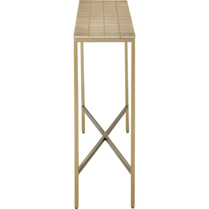 Dezi Console Table by Currey and Company in natural, brass. Made from travertine, brass, iron in a transitional style.