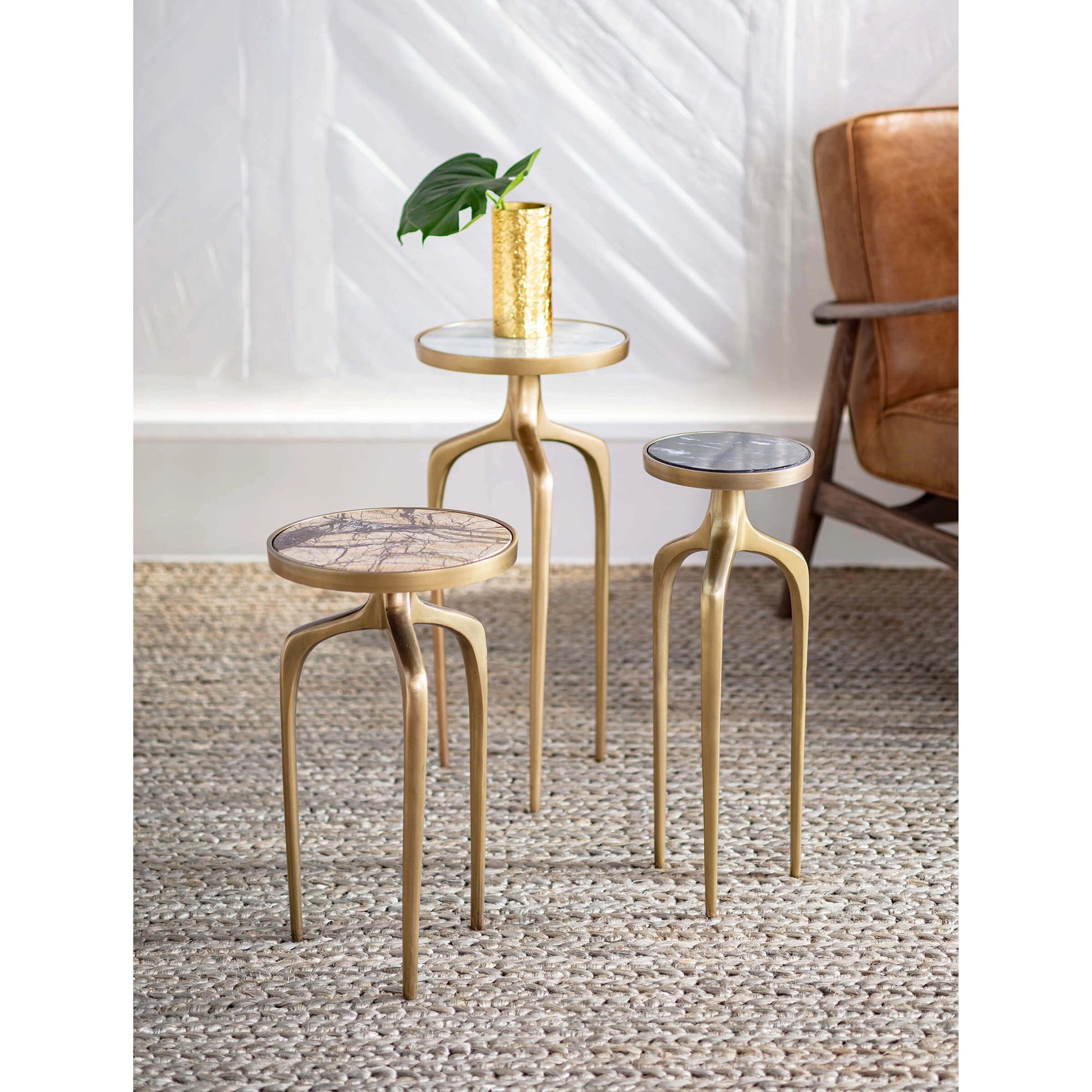 Mixer Tables Set by Regina Andrew in brass and natural brass. Made from aluminum in a eclectic & global style.