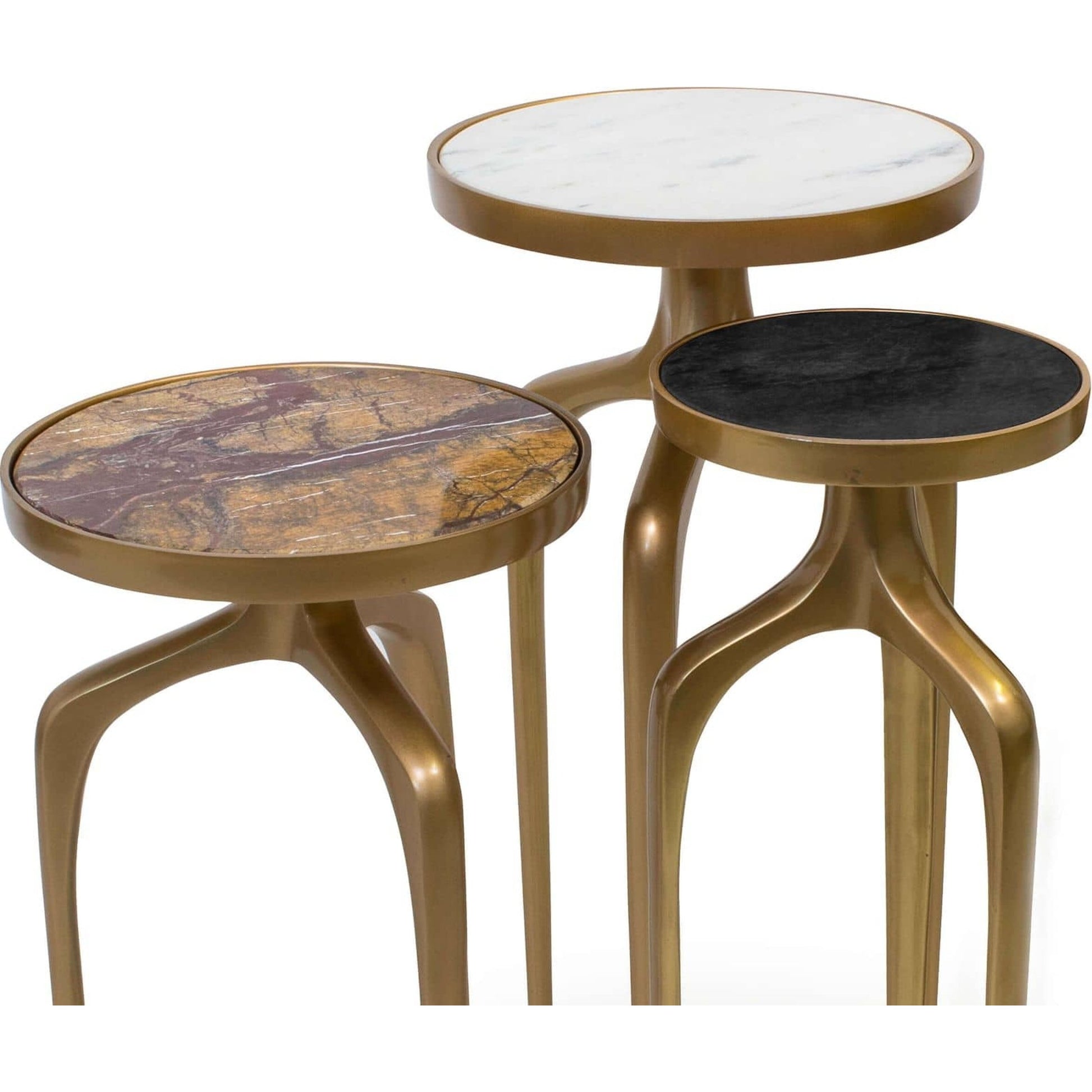 Mixer Tables Set by Regina Andrew in brass and natural brass. Made from aluminum in a eclectic & global style.