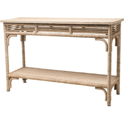 Olisa Console Table by Currey and Company. Made from abaca rope, wood in a coastal style.