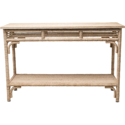 Olisa Console Table by Currey and Company. Made from abaca rope, wood in a coastal style.