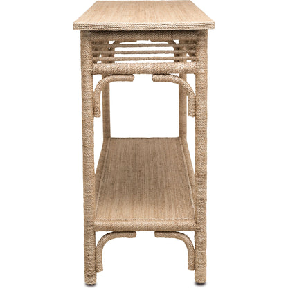 Olisa Console Table by Currey and Company. Made from abaca rope, wood in a coastal style.