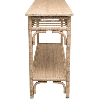 Olisa Console Table by Currey and Company. Made from abaca rope, wood in a coastal style.