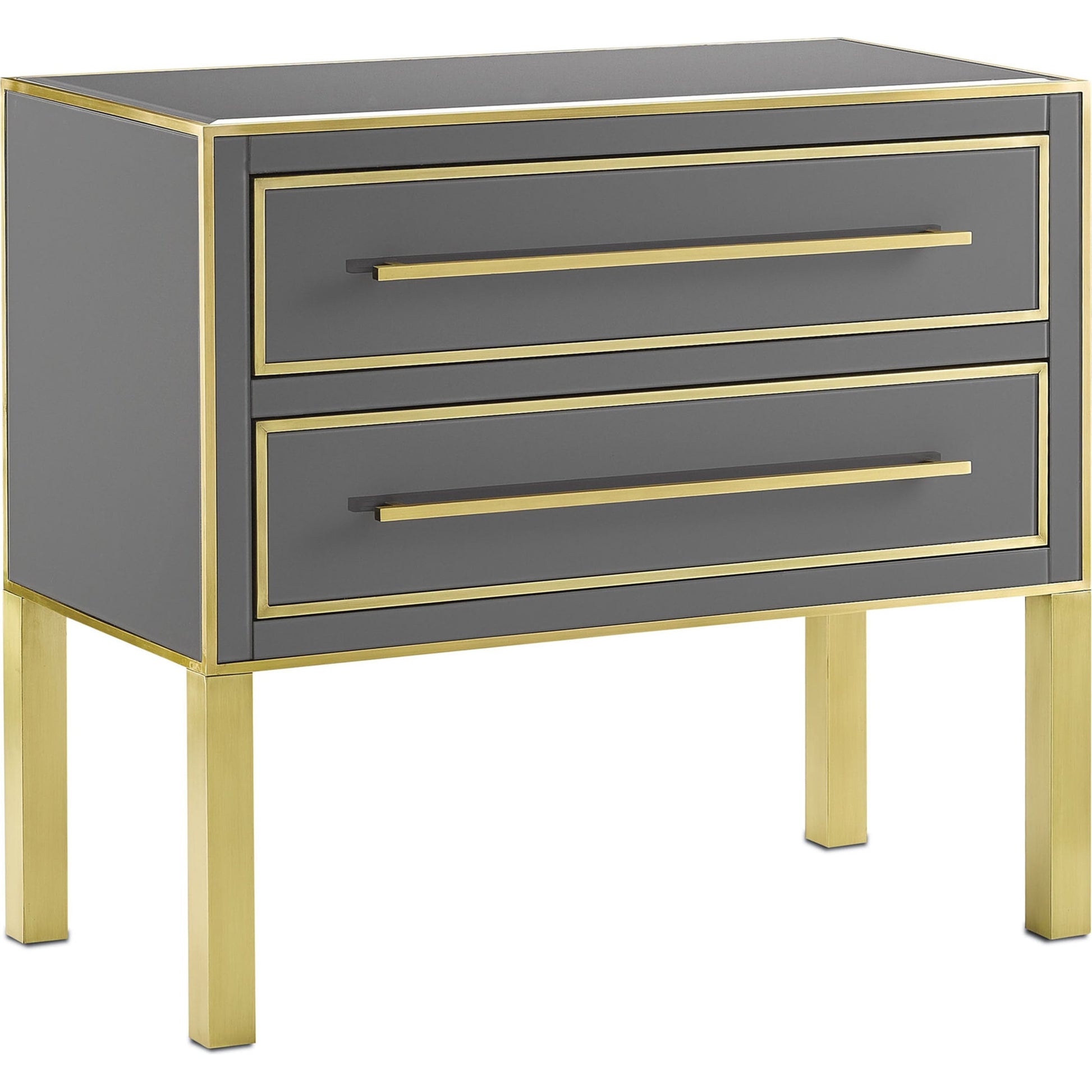 Arden Chest by Currey and Company in ivory, satin brass. Made from reverse painted glass, brass, solid hardwood, faux suede in a traditional style.