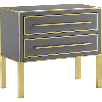 Arden Chest by Currey and Company in ivory, satin brass. Made from reverse painted glass, brass, solid hardwood, faux suede in a traditional style.