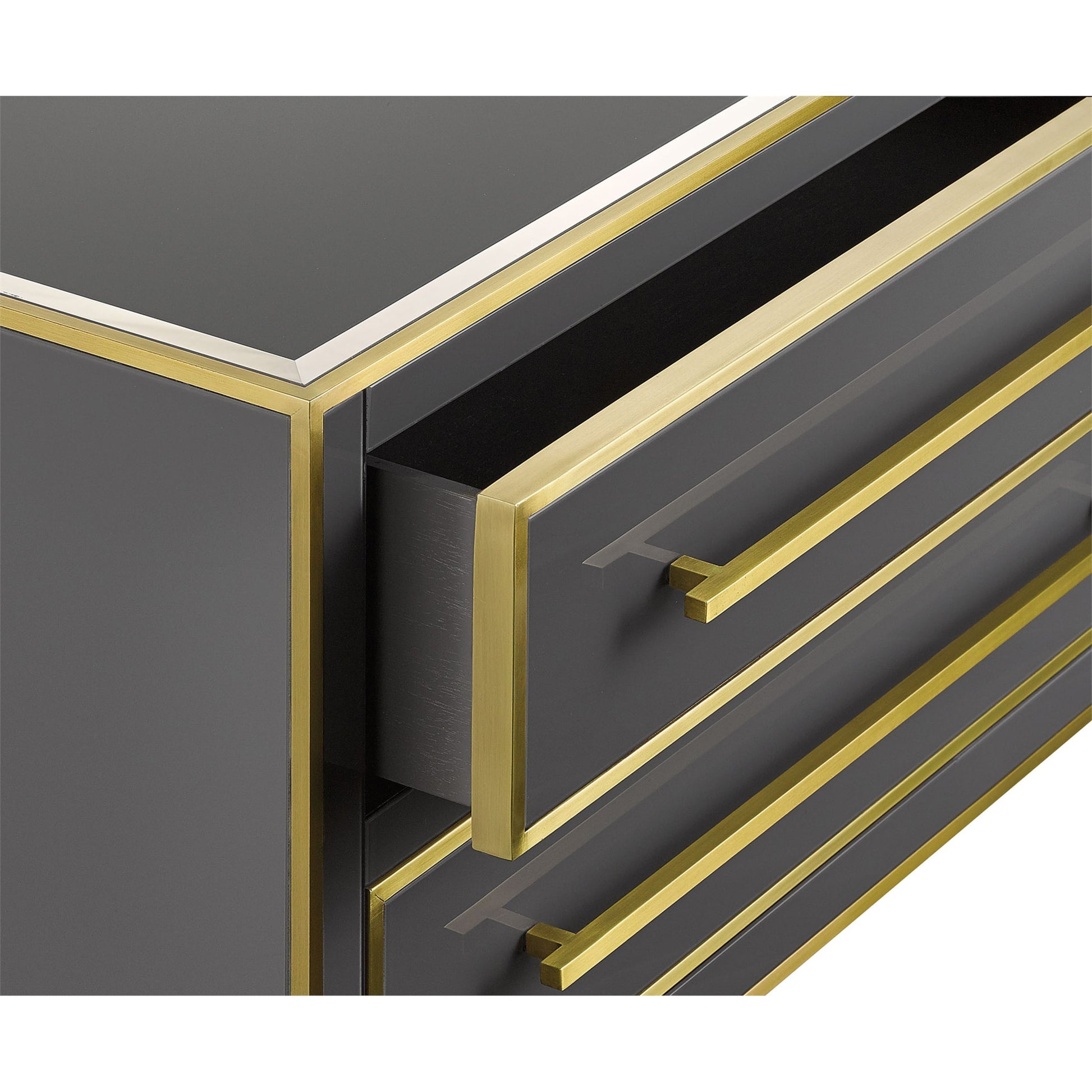 Arden Chest by Currey and Company in ivory, satin brass. Made from reverse painted glass, brass, solid hardwood, faux suede in a traditional style.