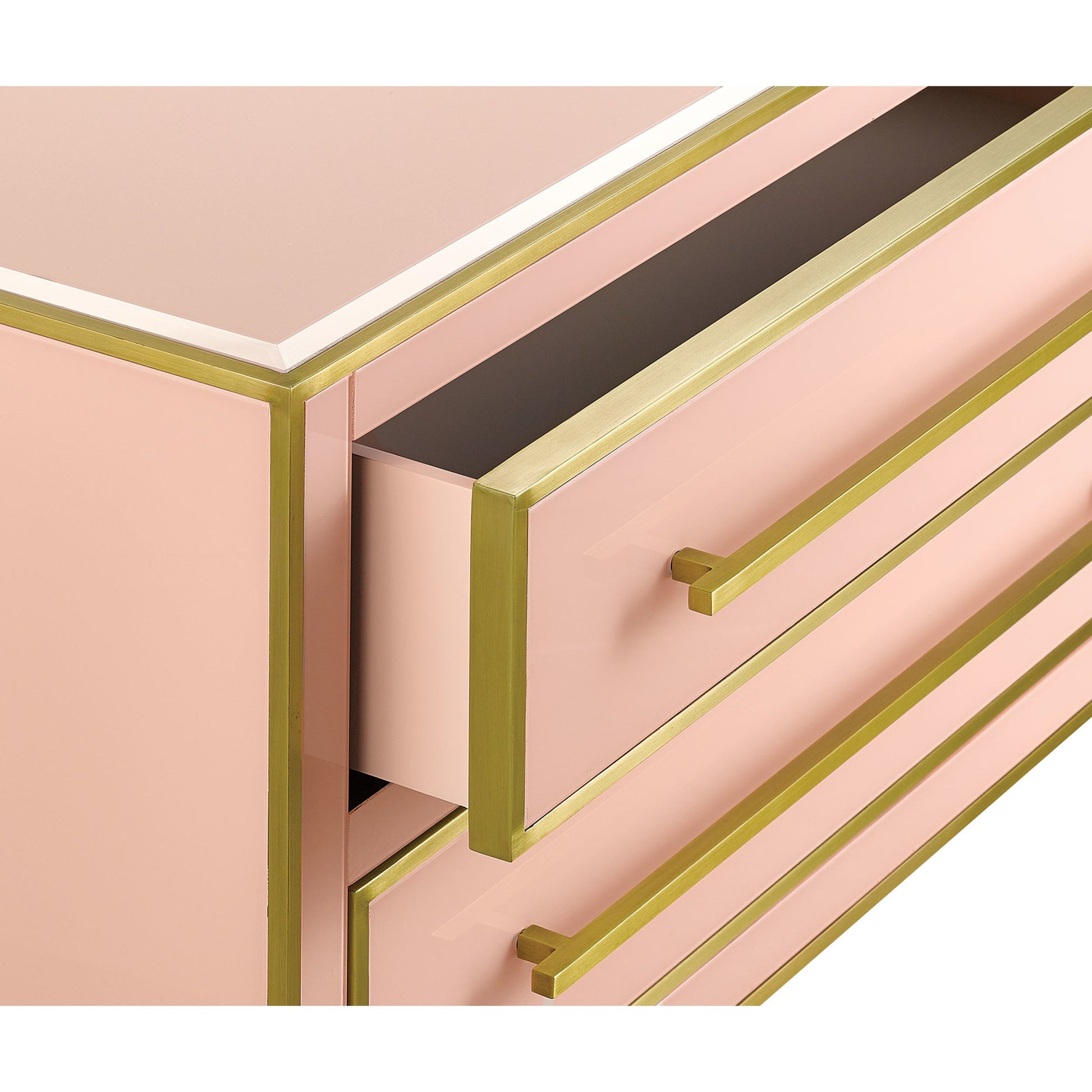 Arden Chest by Currey and Company in ivory, satin brass. Made from reverse painted glass, brass, solid hardwood, faux suede in a traditional style.