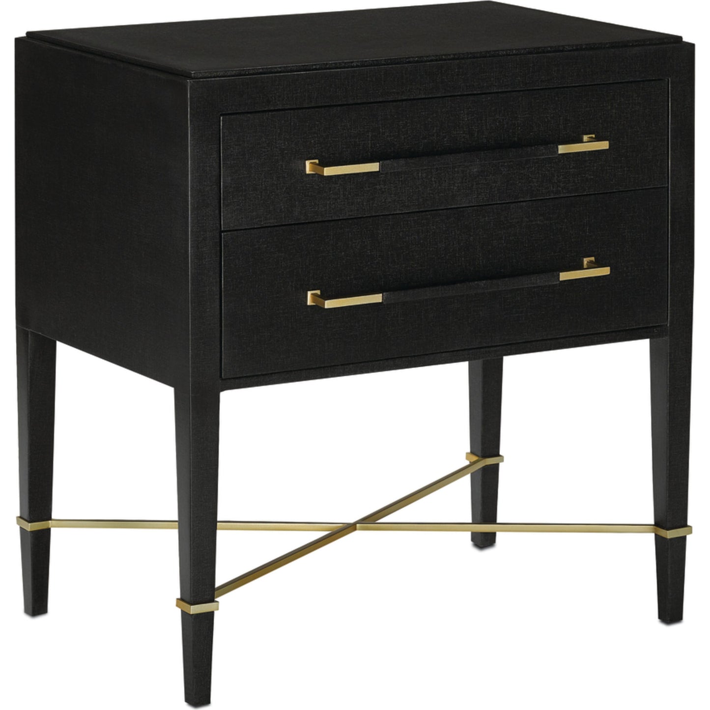 002 S-222769 | Additional Silo | Verona Nightstand by Currey and Company in black lacquered linen, champagne stretchers, linen wrapped cha. Made from solid wood, engineered hardwood in a traditional style.