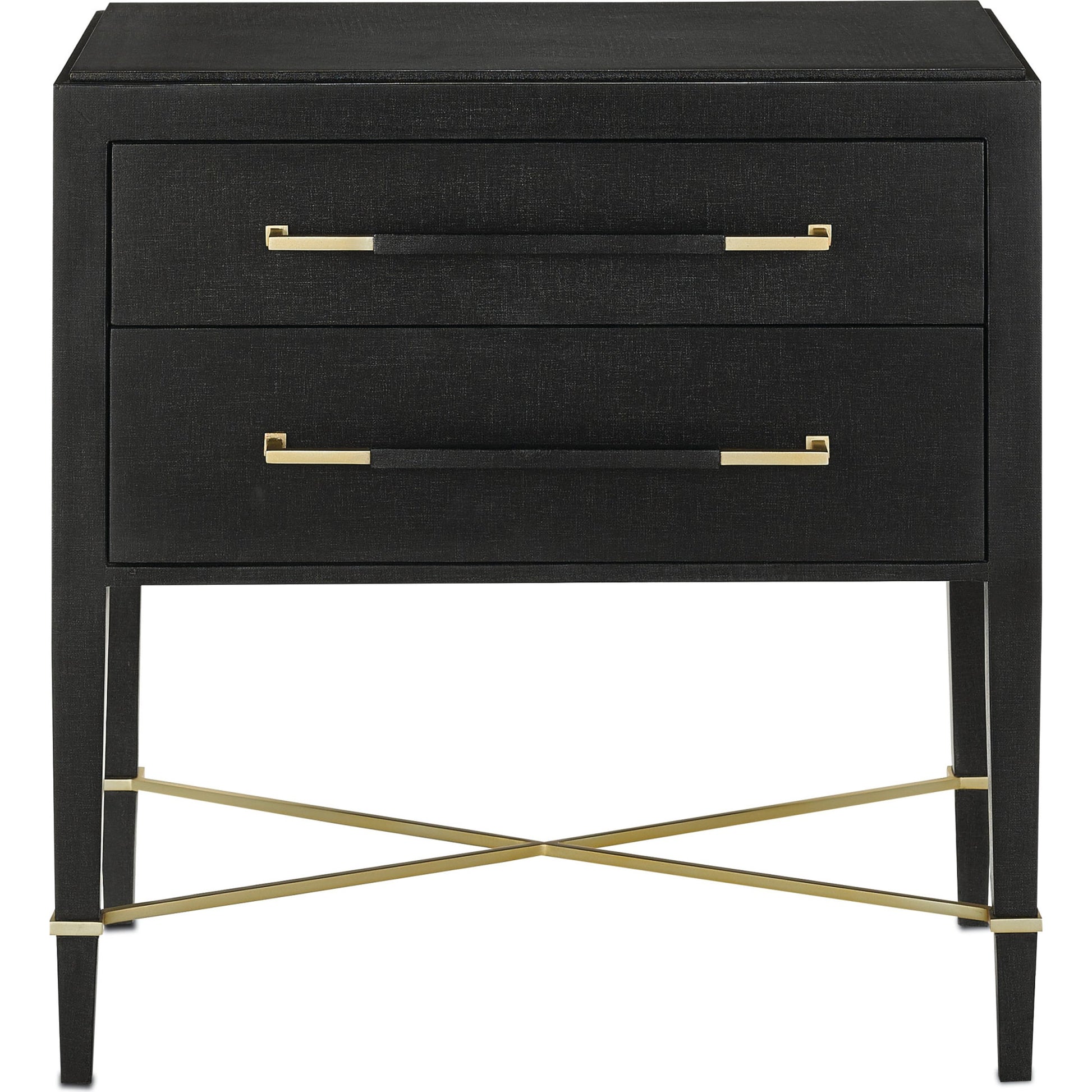 Verona Nightstand by Currey and Company in black lacquered linen, champagne stretchers, linen wrapped cha. Made from solid wood, engineered hardwood in a traditional style.