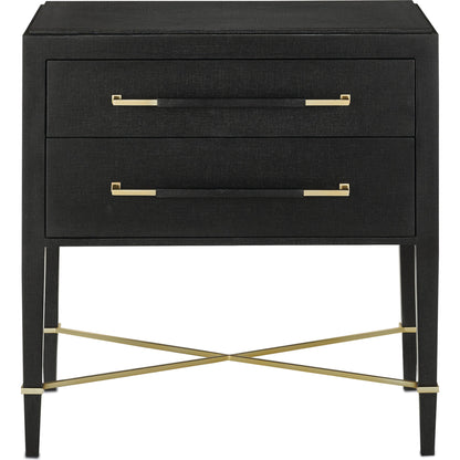 Verona Nightstand by Currey and Company in black lacquered linen, champagne stretchers, linen wrapped cha. Made from solid wood, engineered hardwood in a traditional style.