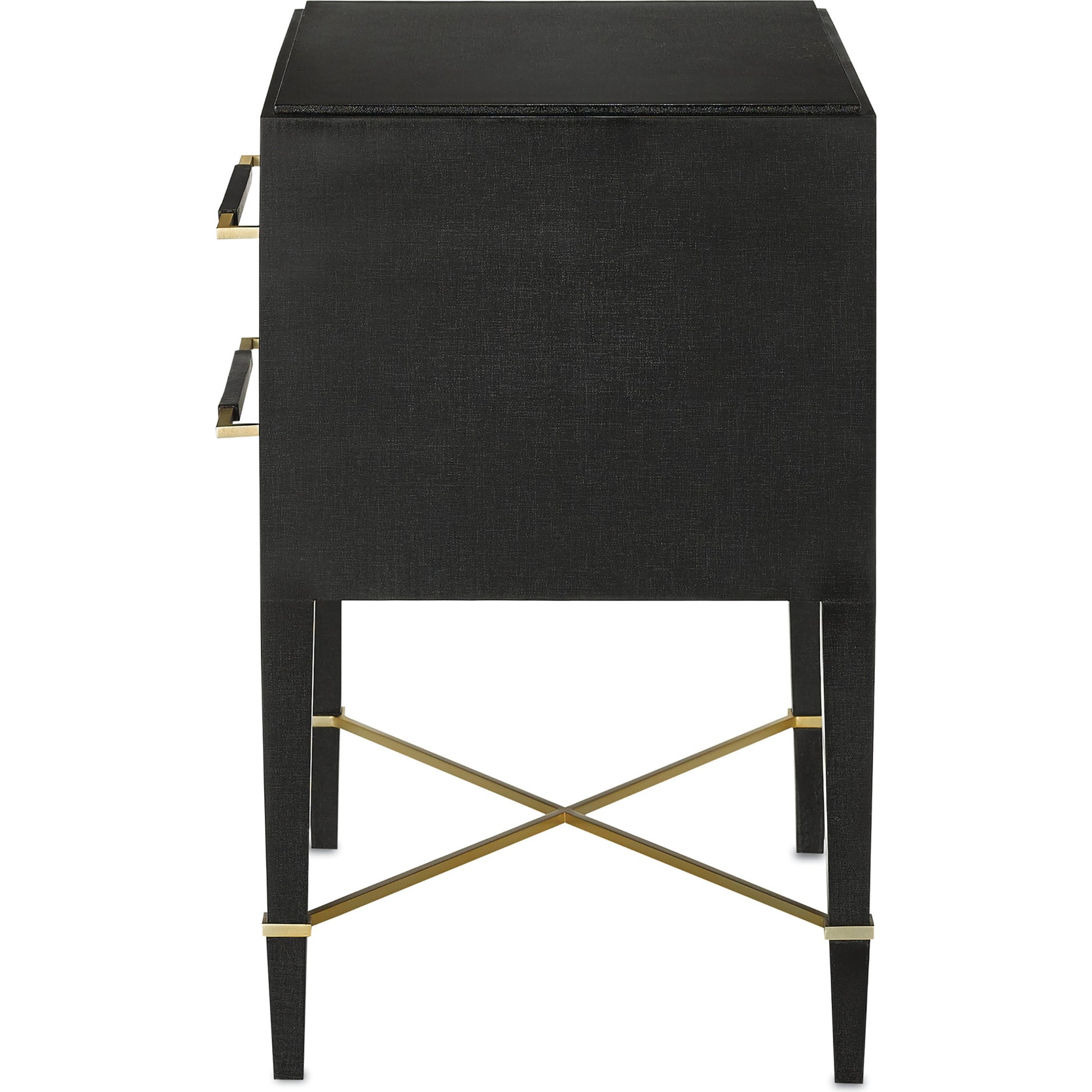 Verona Nightstand by Currey and Company in black lacquered linen, champagne stretchers, linen wrapped cha. Made from solid wood, engineered hardwood in a traditional style.
