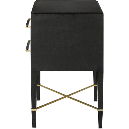 Verona Nightstand by Currey and Company in black lacquered linen, champagne stretchers, linen wrapped cha. Made from solid wood, engineered hardwood in a traditional style.