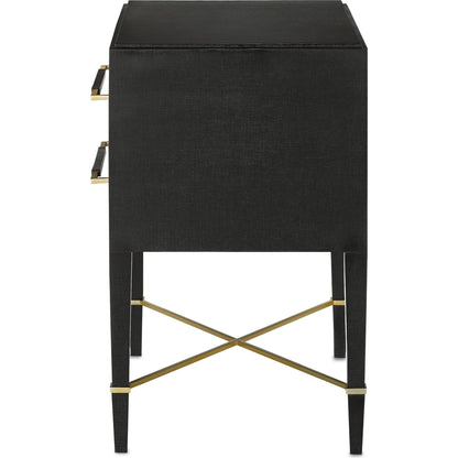 Verona Nightstand by Currey and Company in black lacquered linen, champagne stretchers, linen wrapped cha. Made from solid wood, engineered hardwood in a traditional style.