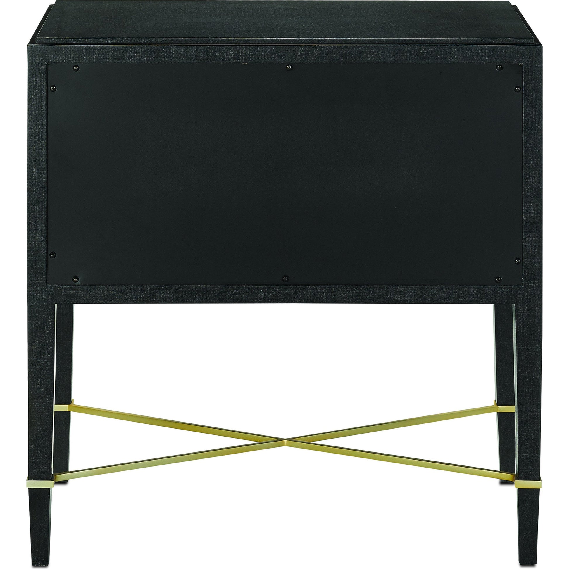 Verona Nightstand by Currey and Company in black lacquered linen, champagne stretchers, linen wrapped cha. Made from solid wood, engineered hardwood in a traditional style.
