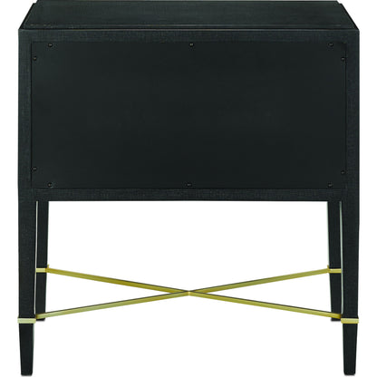 Verona Nightstand by Currey and Company in black lacquered linen, champagne stretchers, linen wrapped cha. Made from solid wood, engineered hardwood in a traditional style.