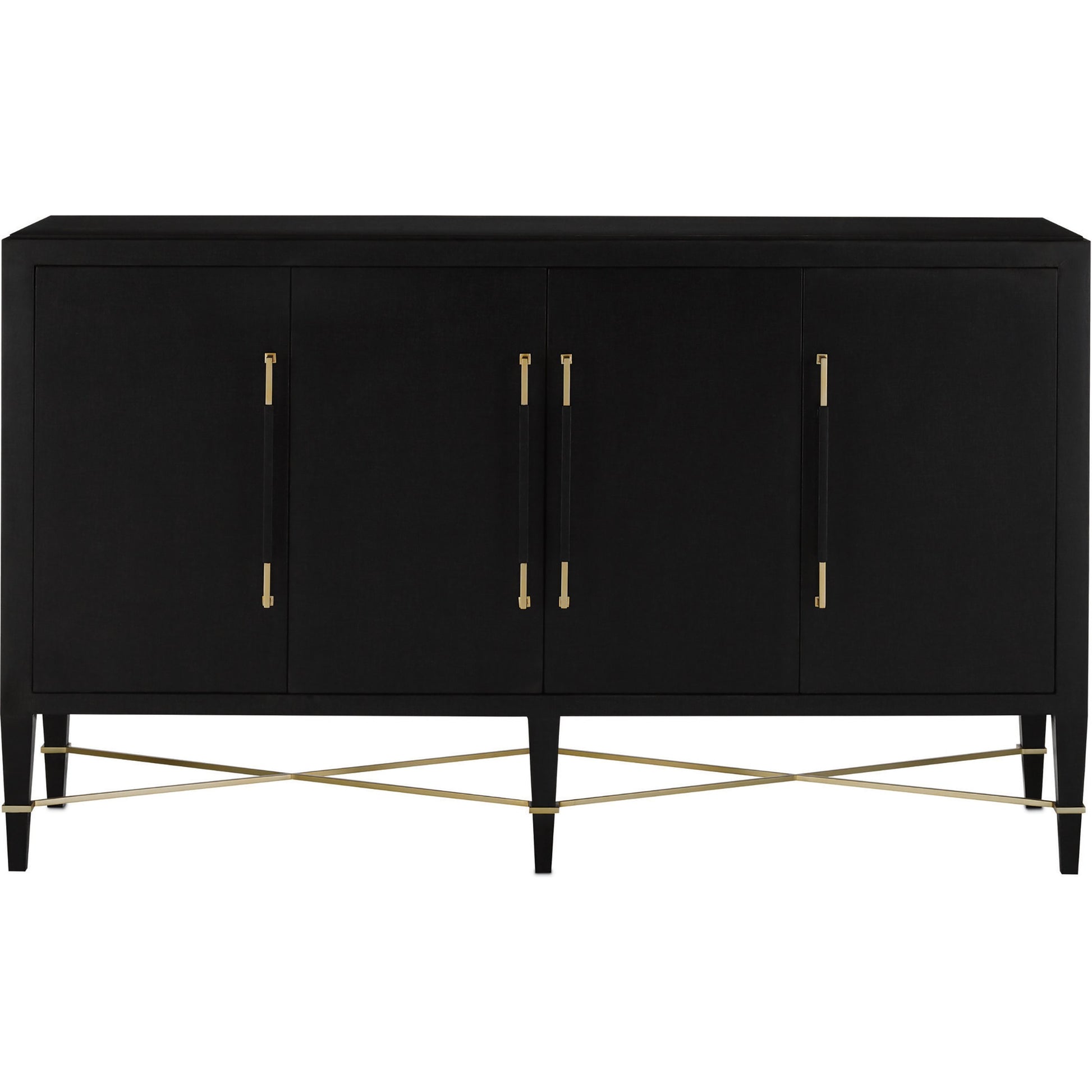 Verona Sideboard by Currey and Company in black lacquered linen, champagne stretchers, linen wrapped cha. Made from solid wood, engineered hardwood in a transitional style.