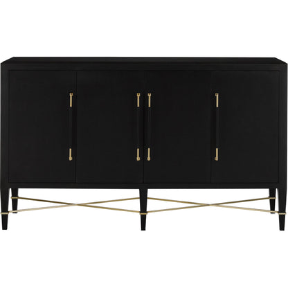 Verona Sideboard by Currey and Company in black lacquered linen, champagne stretchers, linen wrapped cha. Made from solid wood, engineered hardwood in a transitional style.