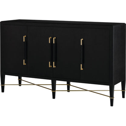 Verona Sideboard by Currey and Company in black lacquered linen, champagne stretchers, linen wrapped cha. Made from solid wood, engineered hardwood in a transitional style.