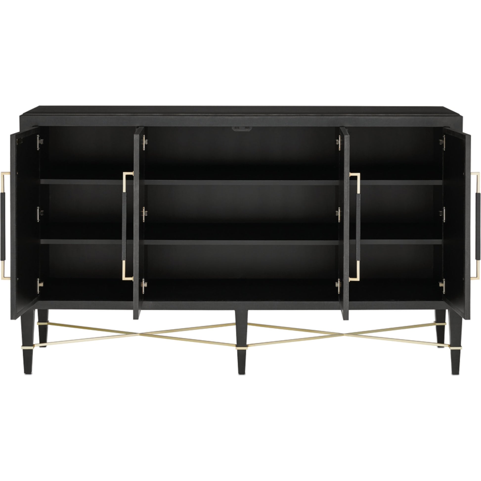 Verona Sideboard by Currey and Company in black lacquered linen, champagne stretchers, linen wrapped cha. Made from solid wood, engineered hardwood in a transitional style.