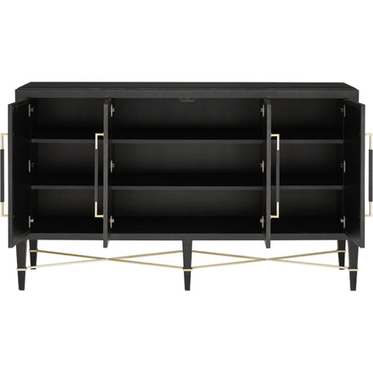 Verona Sideboard by Currey and Company in black lacquered linen, champagne stretchers, linen wrapped cha. Made from solid wood, engineered hardwood in a transitional style.