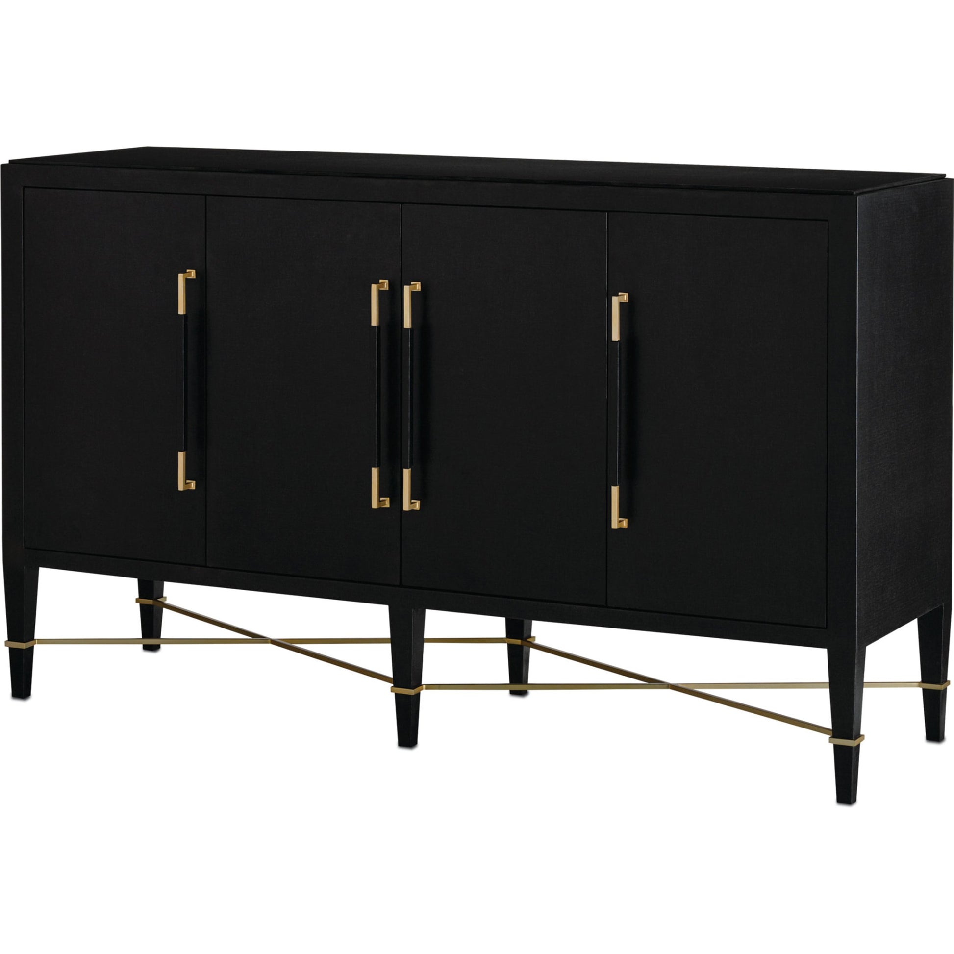 Verona Sideboard by Currey and Company in black lacquered linen, champagne stretchers, linen wrapped cha. Made from solid wood, engineered hardwood in a transitional style.