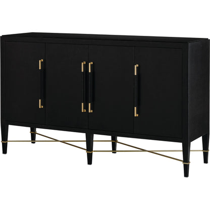 Verona Sideboard by Currey and Company in black lacquered linen, champagne stretchers, linen wrapped cha. Made from solid wood, engineered hardwood in a transitional style.