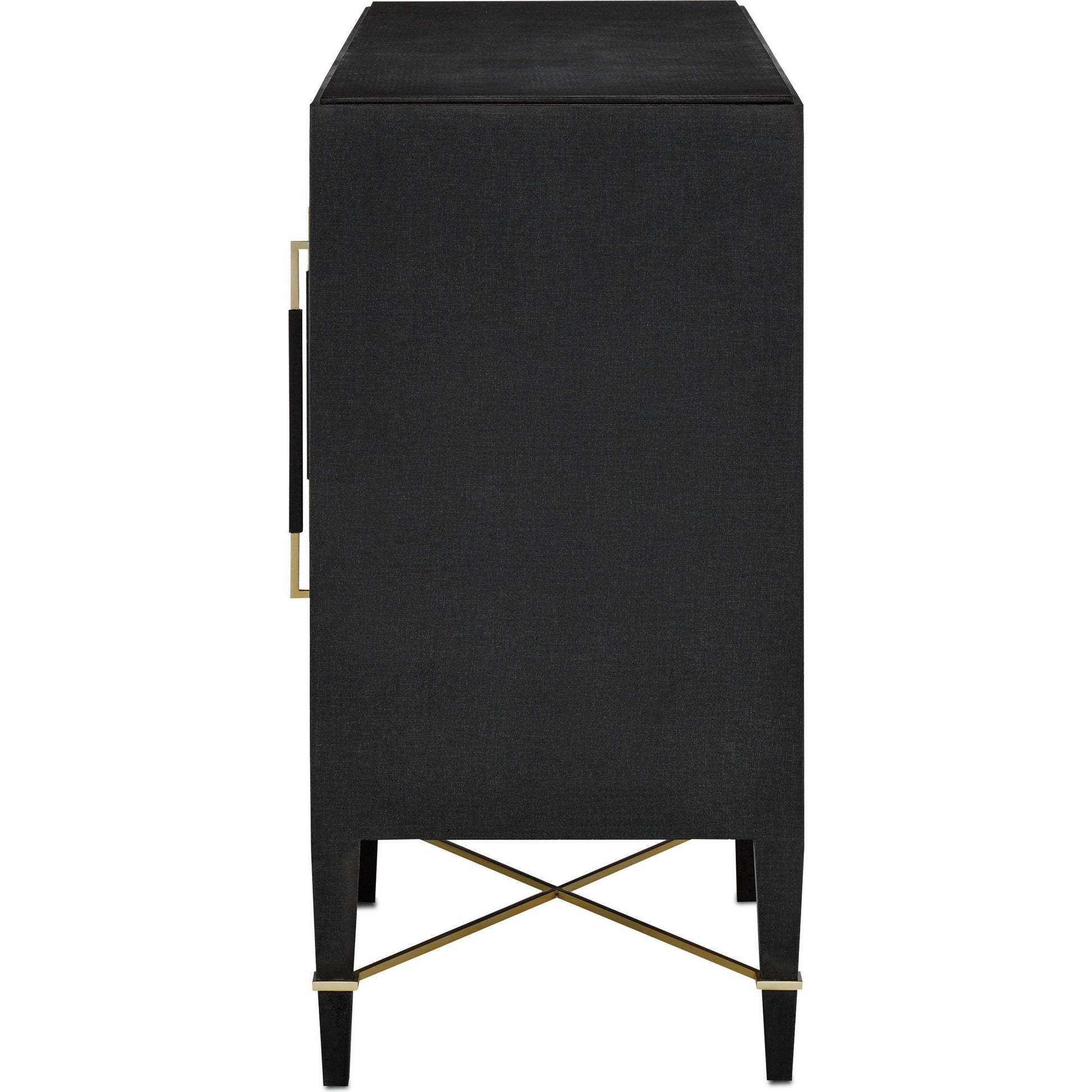 Verona Sideboard by Currey and Company in black lacquered linen, champagne stretchers, linen wrapped cha. Made from solid wood, engineered hardwood in a transitional style.