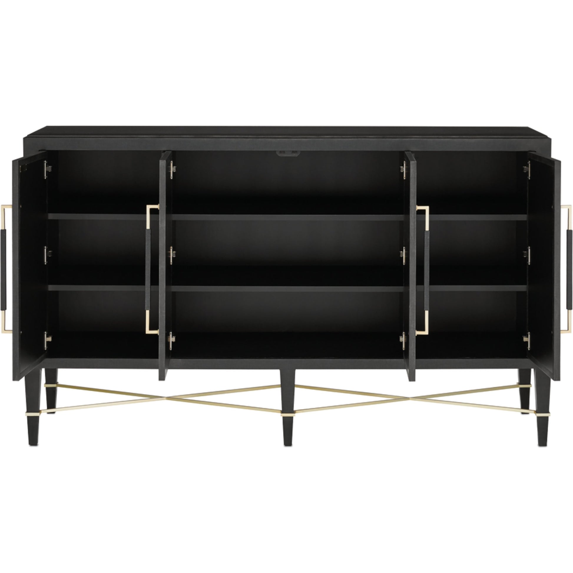 Verona Sideboard by Currey and Company in black lacquered linen, champagne stretchers, linen wrapped cha. Made from solid wood, engineered hardwood in a transitional style.