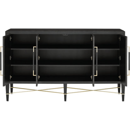 Verona Sideboard by Currey and Company in black lacquered linen, champagne stretchers, linen wrapped cha. Made from solid wood, engineered hardwood in a transitional style.