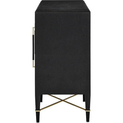 Verona Sideboard by Currey and Company in black lacquered linen, champagne stretchers, linen wrapped cha. Made from solid wood, engineered hardwood in a transitional style.