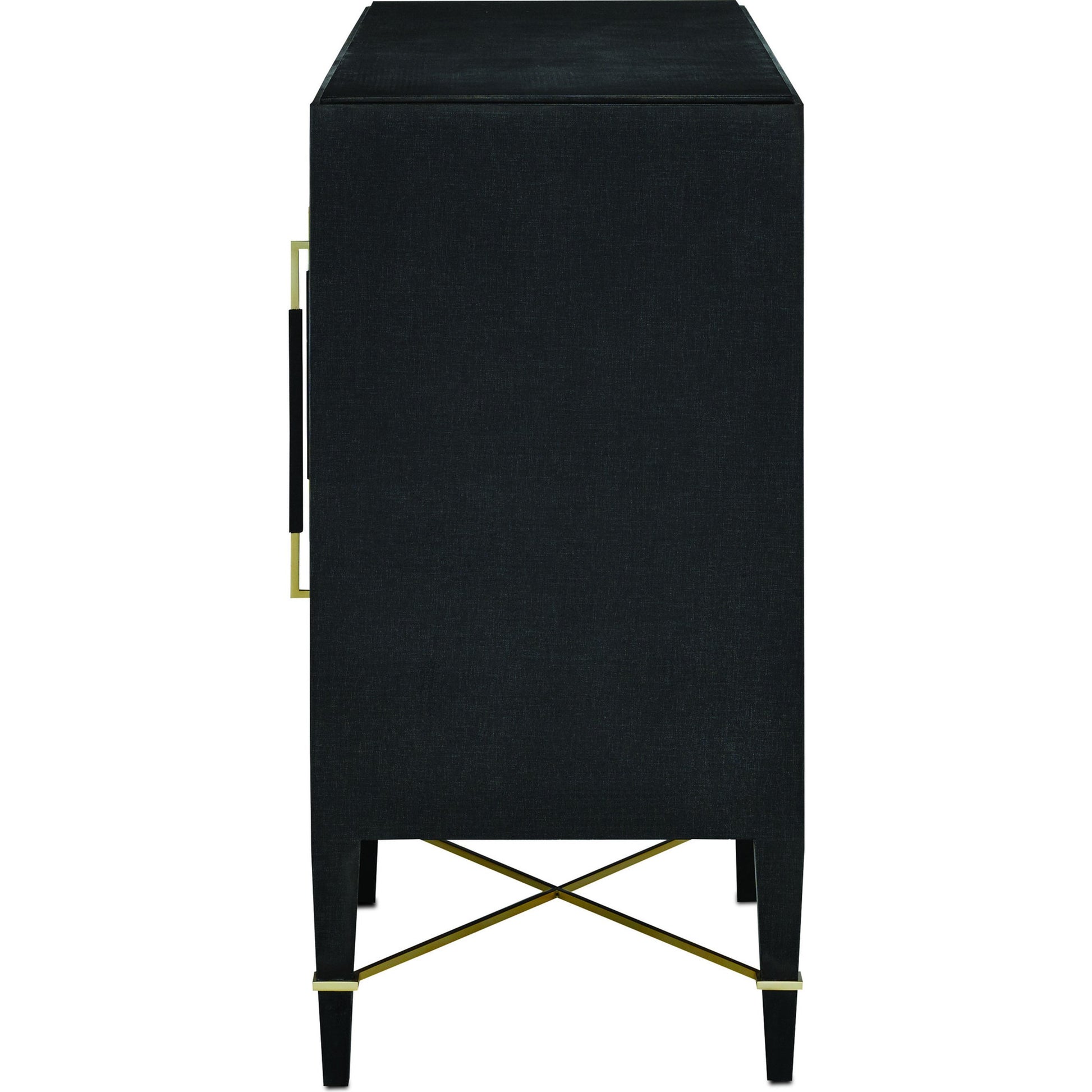 Verona Sideboard by Currey and Company in black lacquered linen, champagne stretchers, linen wrapped cha. Made from solid wood, engineered hardwood in a transitional style.