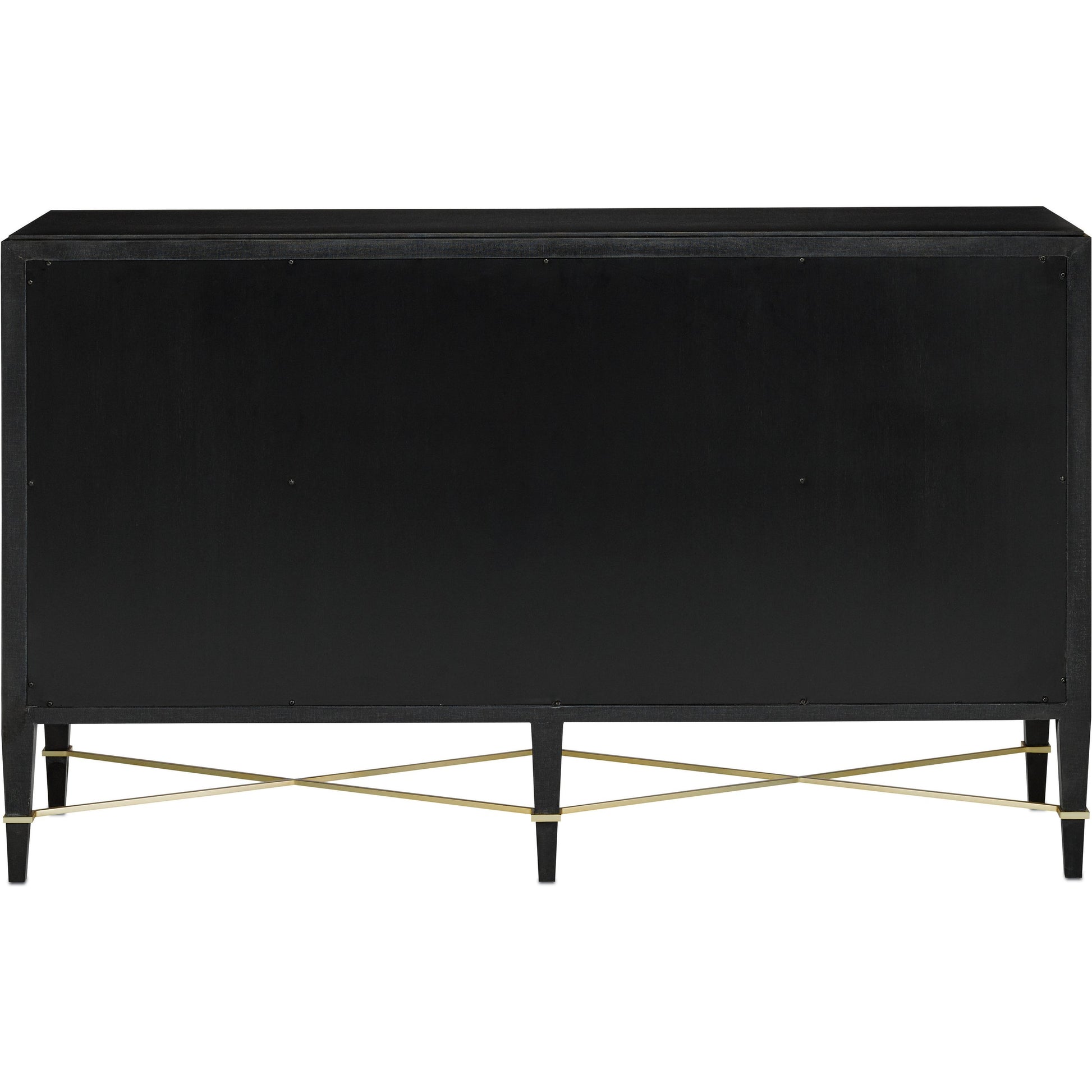 Verona Sideboard by Currey and Company in black lacquered linen, champagne stretchers, linen wrapped cha. Made from solid wood, engineered hardwood in a transitional style.