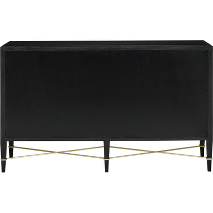 Verona Sideboard by Currey and Company in black lacquered linen, champagne stretchers, linen wrapped cha. Made from solid wood, engineered hardwood in a transitional style.