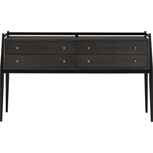 Selig Console Table by Currey and Company in dark mink stained mahogany, riverstone stained eucalyptus, pol. Made from solid mahogany, figured eucalyptus veneer in a transitional style.